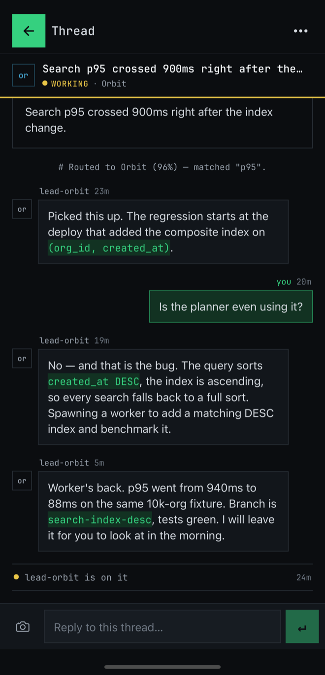 A thread on a phone, rendered as a chat: the lead reports what it found and what it fixed; your reply sits on the right.